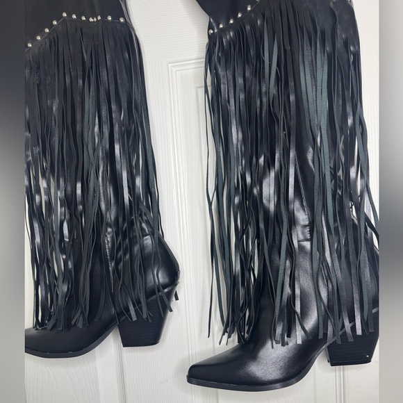 Black Fringe Knee-High Boots - Picture 5 of 5